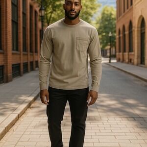 Goodfellow & Co Long Sleeve Casual T-shirt Chest Pocket Taupe Cotton Mens Medium